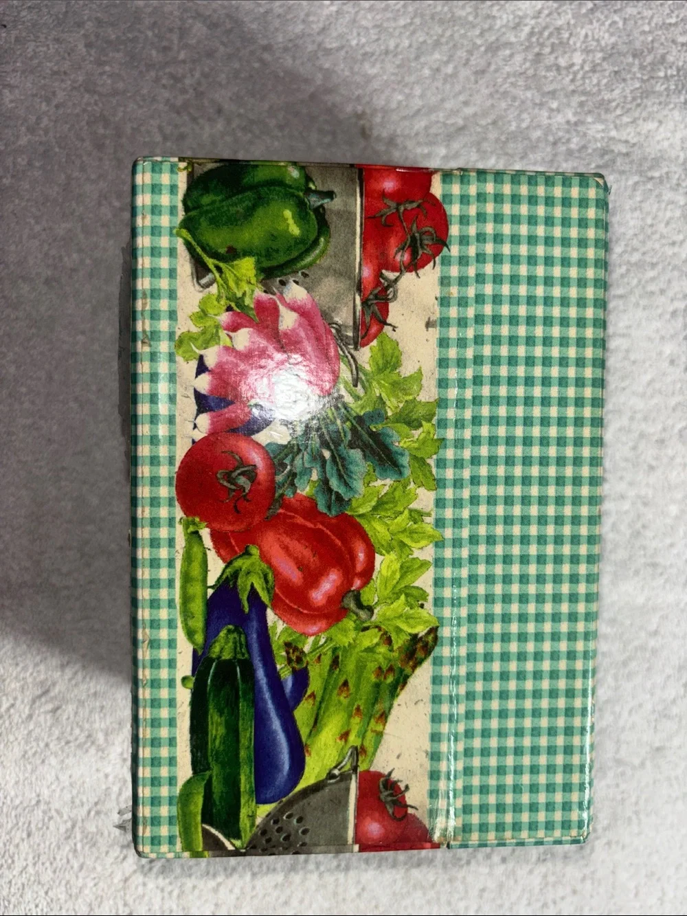 Vintage Green Plaid Recipe Box with Vegetable Illustration